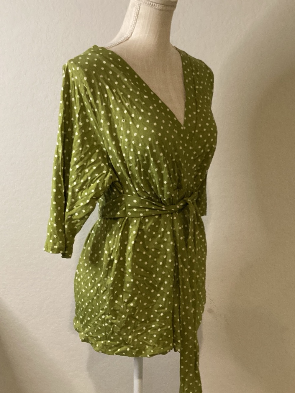 Green Polka Dot Wrap Top with Waist Tie